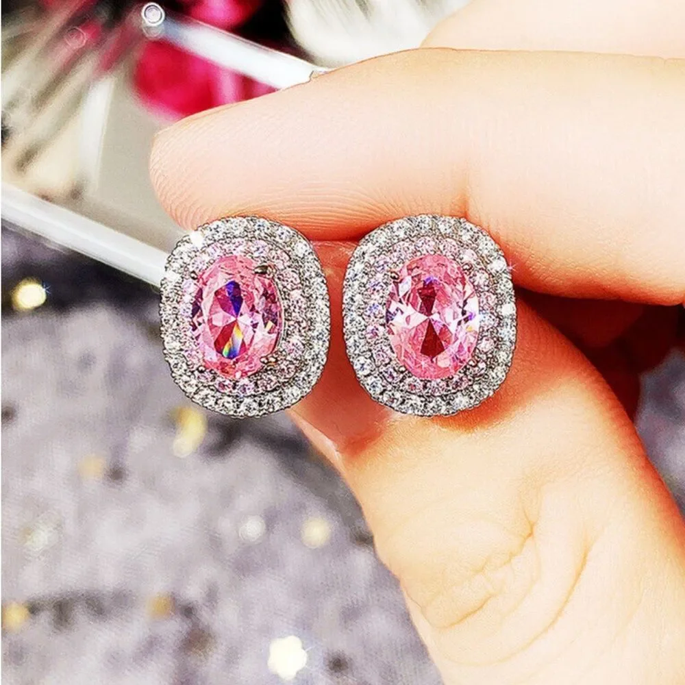 Pink Oval CZ Halo Stud Earrings Silver Tone Glam Statement Earrings